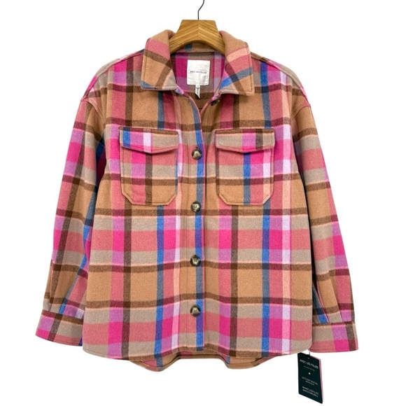 Avec Les Filles Jackets & Blazers - Avec Les Filles Ali Boxy Plaid Shirt Jacket Shacket in Pink Multi Plaid Size M